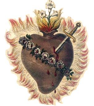 The Immaculate Heart is shown encircled by a crown of roses and pierced by a sword, aflame with love for God and mankind. This symbol springs from the vision of the Sacred Heart had by St. Catherine Labour�.